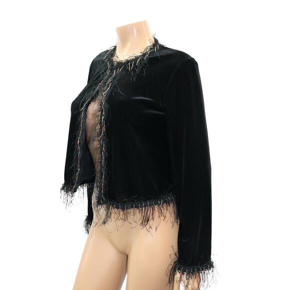 Ronni Nicole Black Velvet Eyelash Trim Beaded Shaggy Bolero Shrug Jacket M - Picture 3 of 5